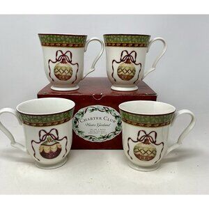 Charter Club Winter Garland 4 Coffee Mugs Cups Ornament Design Christmas NEW